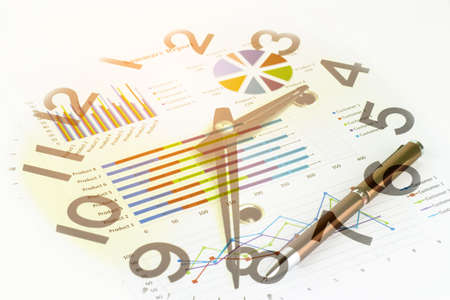Double exposure of Business graph and clock for finance and banking concept.の写真素材