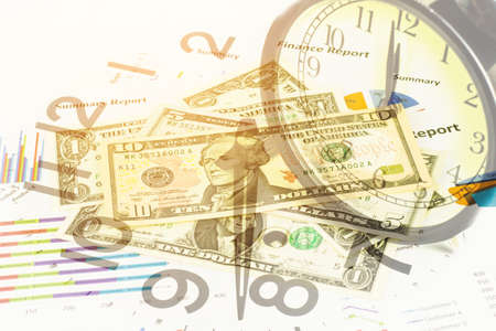 Double exposure of Money and clock for finance and banking concept.の写真素材