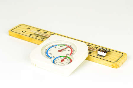 Thermometer hygrometer on black background.の写真素材