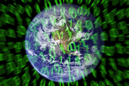Green binary code technologies on a earth black backgroundの写真素材