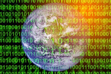 Green binary code technologies on a earth black backgroundの写真素材