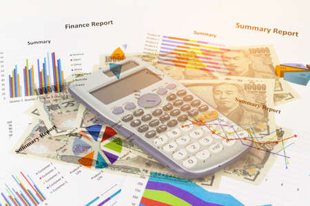Double exposure of japan money Calculations, savings, finances and economy concept.の写真素材