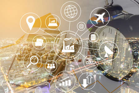 Double exposure of Business 4.0 concept, smart business with icon, Calculations savings, finances economy concept.の写真素材