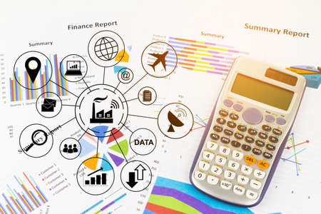 Double exposure of Business 4.0 concept, smart business with icon, Calculations savings, finances economy concept.の写真素材