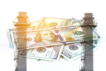 Double exposure of Natural Gas Combined Cycle Power plant electricity generating with dollar money.の写真素材