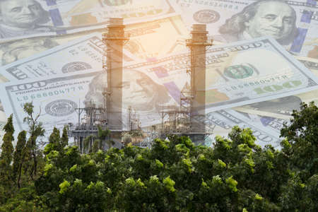 Double exposure of Natural Gas Combined Cycle Power plant electricity generating with dollar money.の写真素材