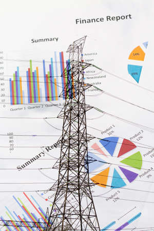 Double exposure of high voltage electrical pole structure with Calculations, savings, finances and economy concept.の写真素材