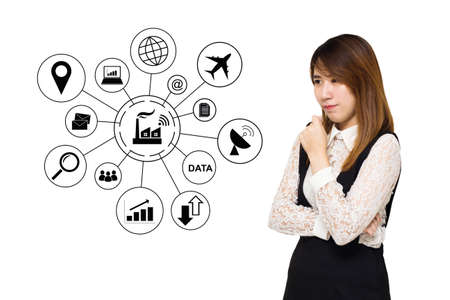 Young Asian business woman thinking with isolated on white background, 4.0 Business Concept, Clipping path.のeditorial素材