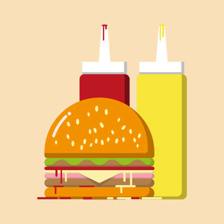 Hamburger Tomato sauce and Mustard Sauce in flat style isolated on background. Fast food concept, Vector illustration EPS10.のイラスト素材