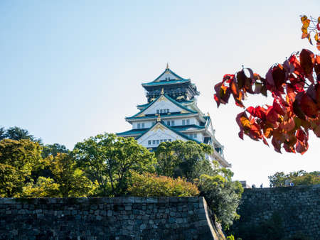 Beautiful of Osaka Castle in Osaka city with autumn leaves season in Japan.のeditorial素材