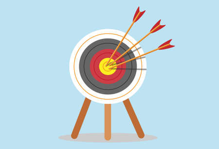 Target with arrow standing on a tripod. Goal achieve concept. Vector illustration isolated on blue background.のイラスト素材