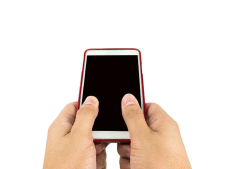 Hand holding smart phone isolated on whte background with clipping path.の写真素材