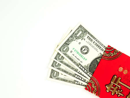 Red envelope isolated on white background with dollar money for gift Chinese New Year. Chinese text...