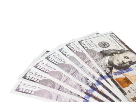 One hundred dollars banknotes isolated on white background, Clipping path.の写真素材