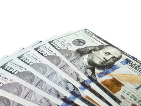 One hundred dollars banknotes isolated on white backgroundの写真素材