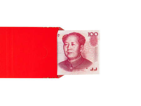 Chinese or 100 Yuan banknotes money in red envelope isolated on white background, as chinese new year backgroundの写真素材