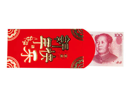 Chinese or 100 Yuan banknotes money in red envelope isolated on white background, Chinese text on envelope meaning Happy Chinese New Yearの写真素材