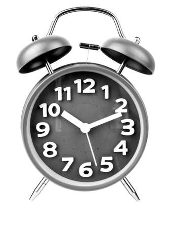 Black alarm clock, Black round alarm clock shows to 10. isolated on white background, Clipping path.の写真素材