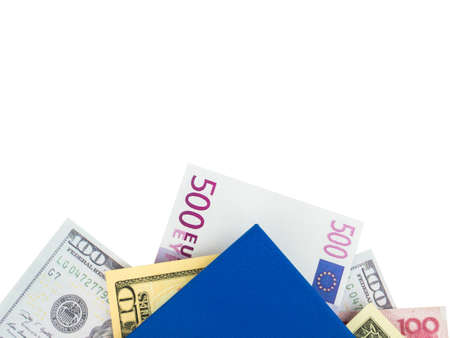 Blue book with nested international banknotes, isolated on white background. Stash of money concept,...