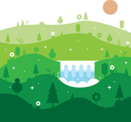 Nature landscape flat design. Summer nature travel with Mountains and Waterfall, Vector illustration EPS10.のイラスト素材