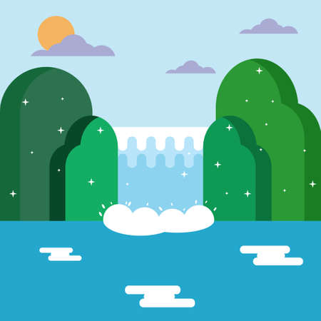 Nature Waterfall and mountain Landscape flat design.のイラスト素材