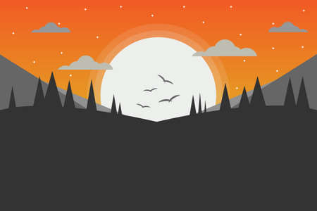 Nature autumn mountains landscape with Rocky mountains and pine forest in Evening, flat design.のイラスト素材