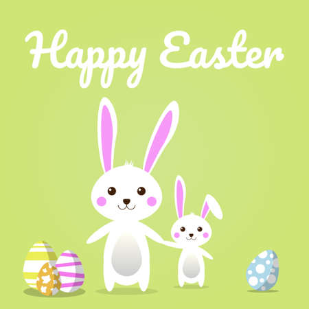 Happy Easter Egg and Cute Bunny family on green background for Easter greeting card, invitation, Vector illustration EPS10のイラスト素材