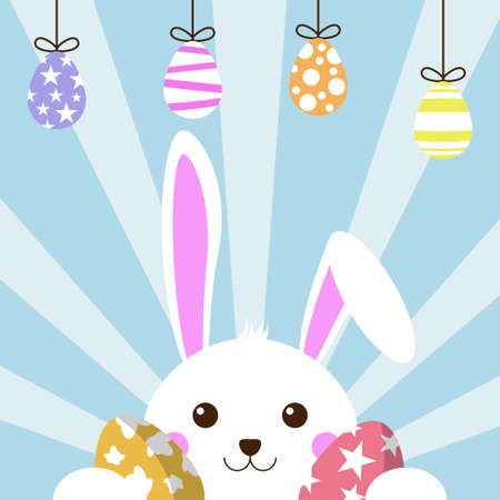 Happy Easter Egg surprise and Cute Bunny on blue background for Easter greeting card, invitation, Vector illustrationのイラスト素材