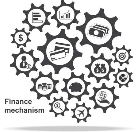 Banking mechanism with connected gears and integrated flat icons, Vector illustration EPS10.のイラスト素材