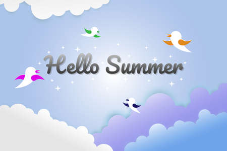 Hello Summer on sky with bird, Vector illustration. paper art and digital craft style.のイラスト素材