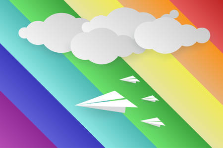 Paper airplane with white cloud in Colorful rainbow background in Vector illustration. art paper cut and digital craft style.のイラスト素材
