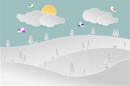 Nature landscape design, Summer nature travel with Mountains with bird, Vector illustration. paper art and digital craft style.のイラスト素材