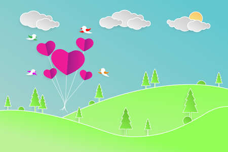 Pink heart Balloon shape flying to sky,Vector illustration. paper art and digital craft style.のイラスト素材