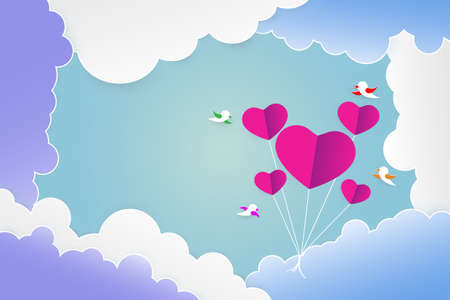 Pink heart balloon shape flying to sky, Vector illustration. Paper art and digital craft style.のイラスト素材