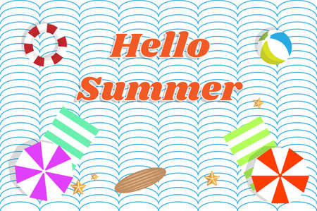 Hello! Summer banner web. Pool toys, Rubber ring, surfboard and ball floating on water.のイラスト素材
