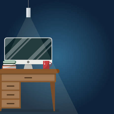 Design of modern office designer workplace with flat design furniture in interior. For website and banner, Workspace and Copy space.のイラスト素材