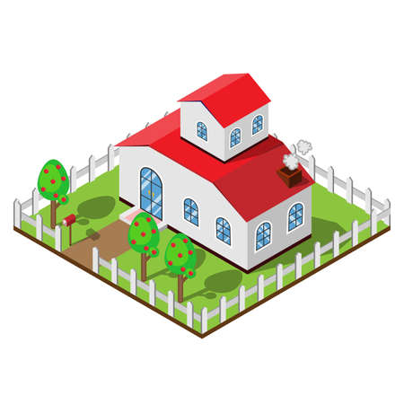 Two story house in isometric design view with White fence, apple trees and garden.のイラスト素材