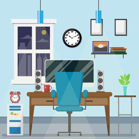 Modern Desk with computer set documents and stationery is Workplace, Flat design computer set vector illustration EPS10.のイラスト素材