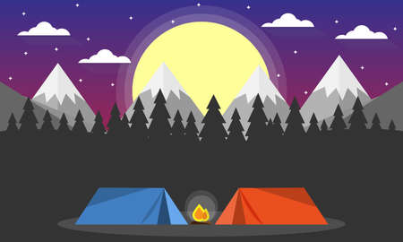 Travel Adventure Camping Evening Scene. Tent, Campfire, Pine forest and rocky mountains background, starry night sky with moon.のイラスト素材