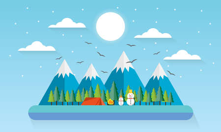 Travel Winter Mountain Forest Landscape, Snowman and Pine Trees Woods with camping Flat Vector Illustration.のイラスト素材