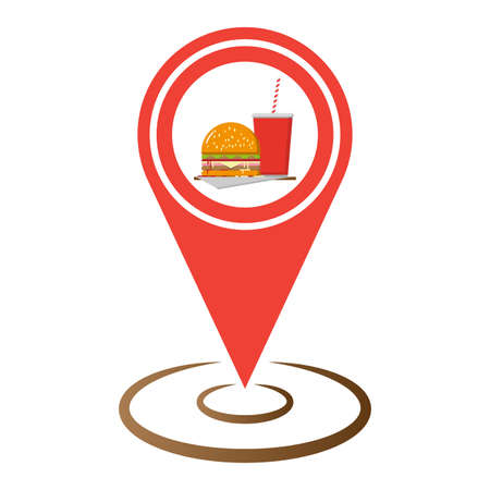 Red map pointer with burger fast food and restaurant sign icon, Vector illustration isolated on white background.のイラスト素材