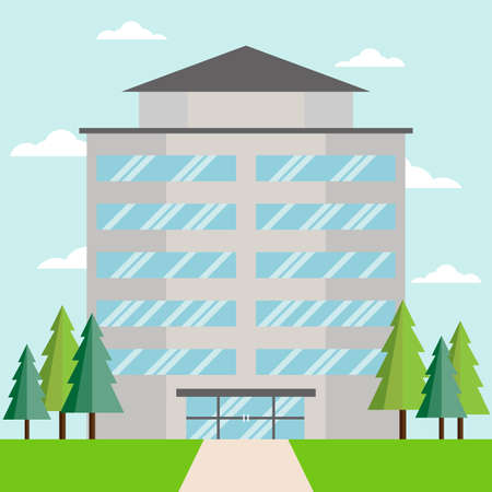 Big business company building with tree and cloud, Flat style, Vector Illustration.のイラスト素材