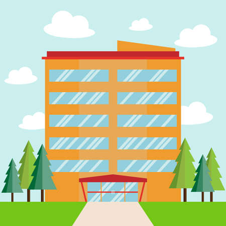 Big business company building with tree and cloud, Flat style, Vector Illustration.のイラスト素材
