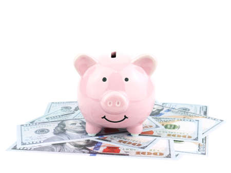 Pink piggy bank on dollars banknote isolated on white background, saving concept.の写真素材