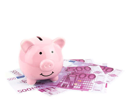Pink piggy bank on Euro banknote isolated on white background, saving concept.の写真素材