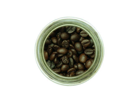 Coffee beans in Glass jar isolated on white background, Close up.の写真素材