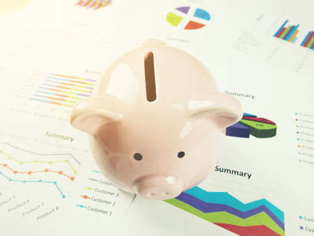 Business report chart and Financial graph analysis with Pink piggy bank on the table, Economy concept.の写真素材
