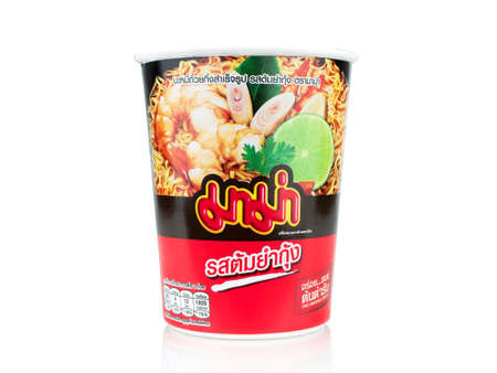 BANGKOK THAILAND - January 30, 2019 : Mama Tomyum Flavour instant cup noodles isolated on white background.のeditorial素材