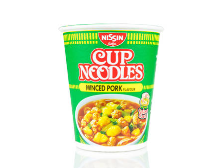 BANGKOK THAILAND - January 30, 2019 : Nissin minced pork flavour instant cup noodles isolated on white background.のeditorial素材