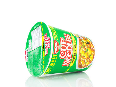 BANGKOK THAILAND - January 30, 2019 : Nissin minced pork flavour instant cup noodles isolated on white background.のeditorial素材